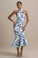 Sonoma | Blue Porcelain Print Halter-Neck Ruffle-Trim Midi Dress