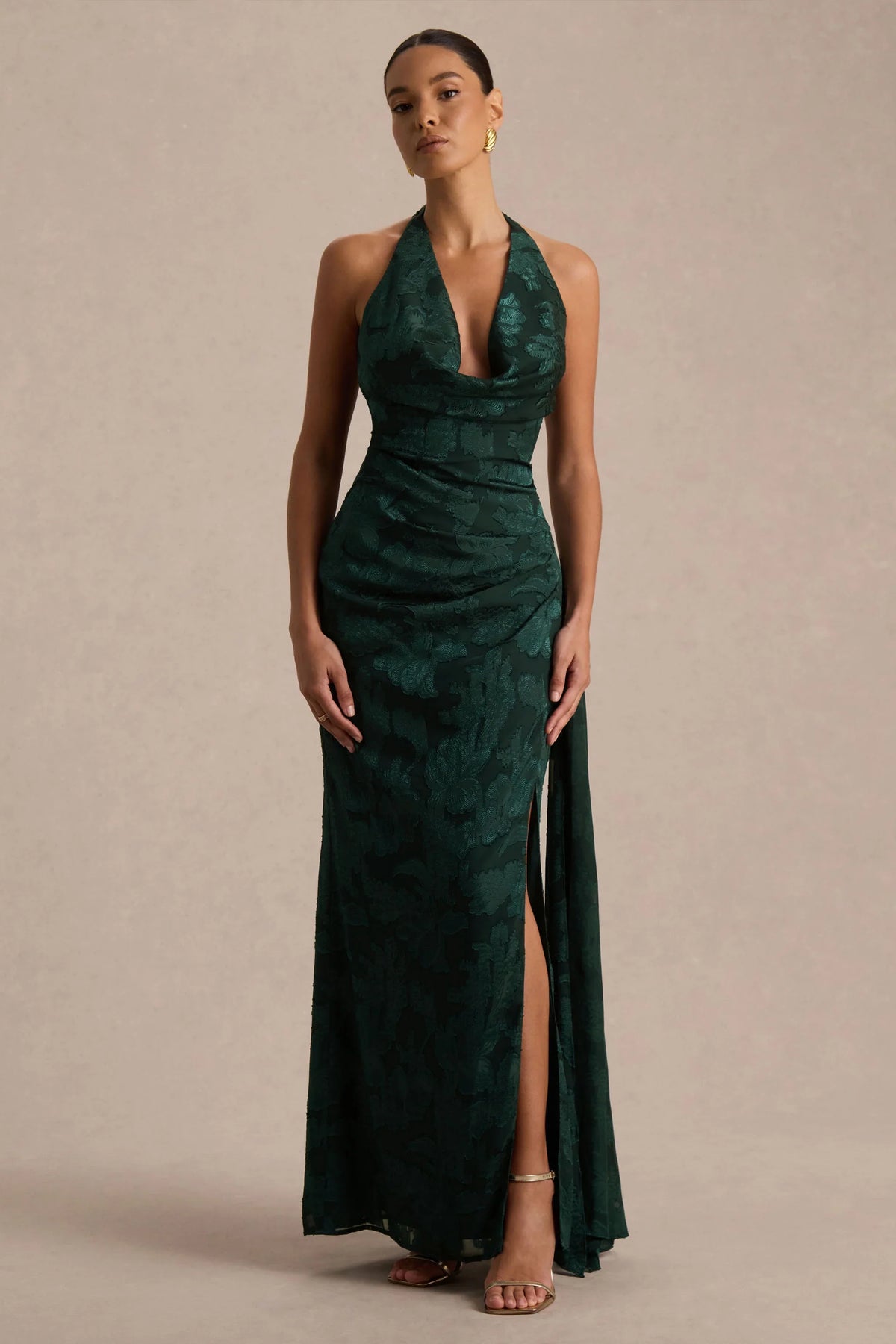 Talula | Dark Green Extreme Cowl-Neck Maxi Dress With Sash And Front-High Split