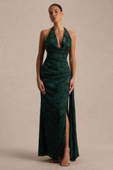 Talula | Dark Green Extreme Cowl-Neck Maxi Dress With Sash And Front-High Split
