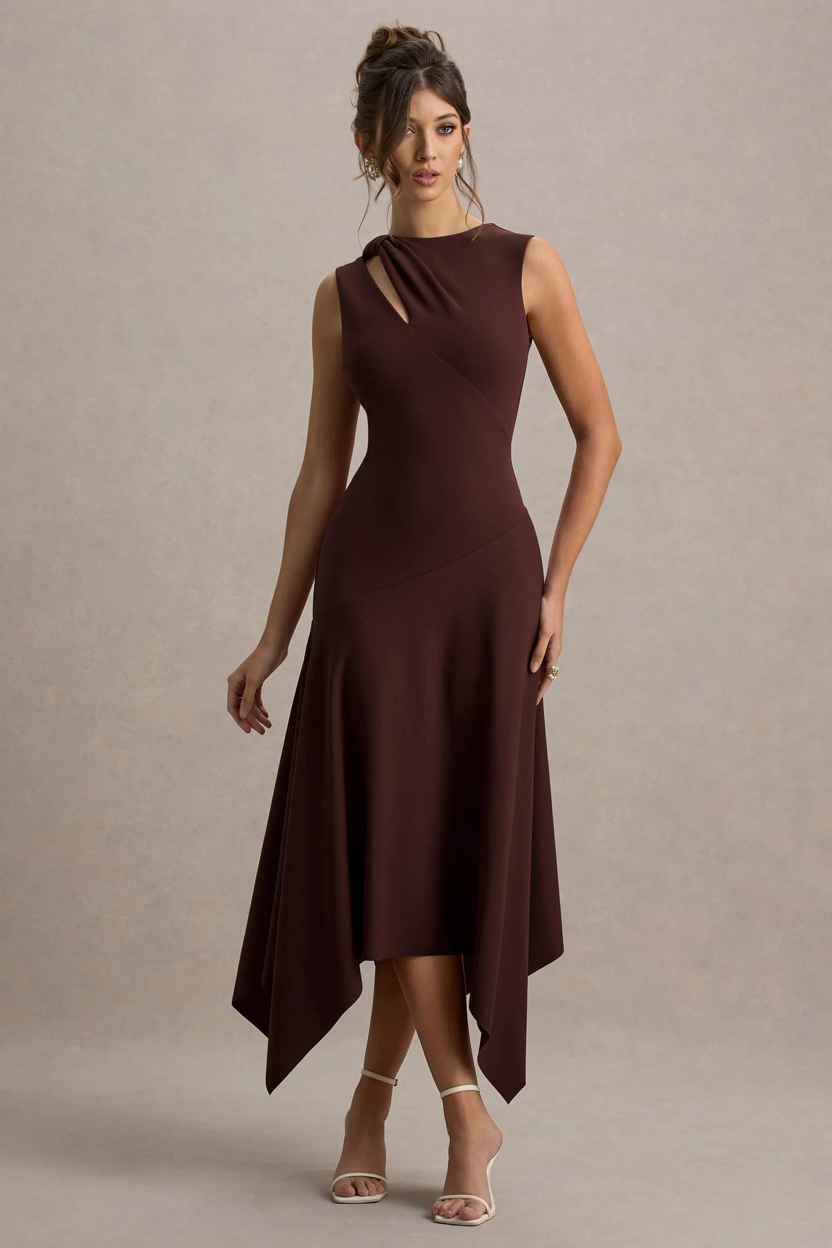 Francesca | Brown Knotted Midi Dress With Handkerchief Hem