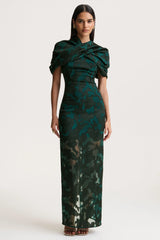 Hada | Dark Green Satin Devore Square-Neck Maxi Dress With Removable Twisted-Cape