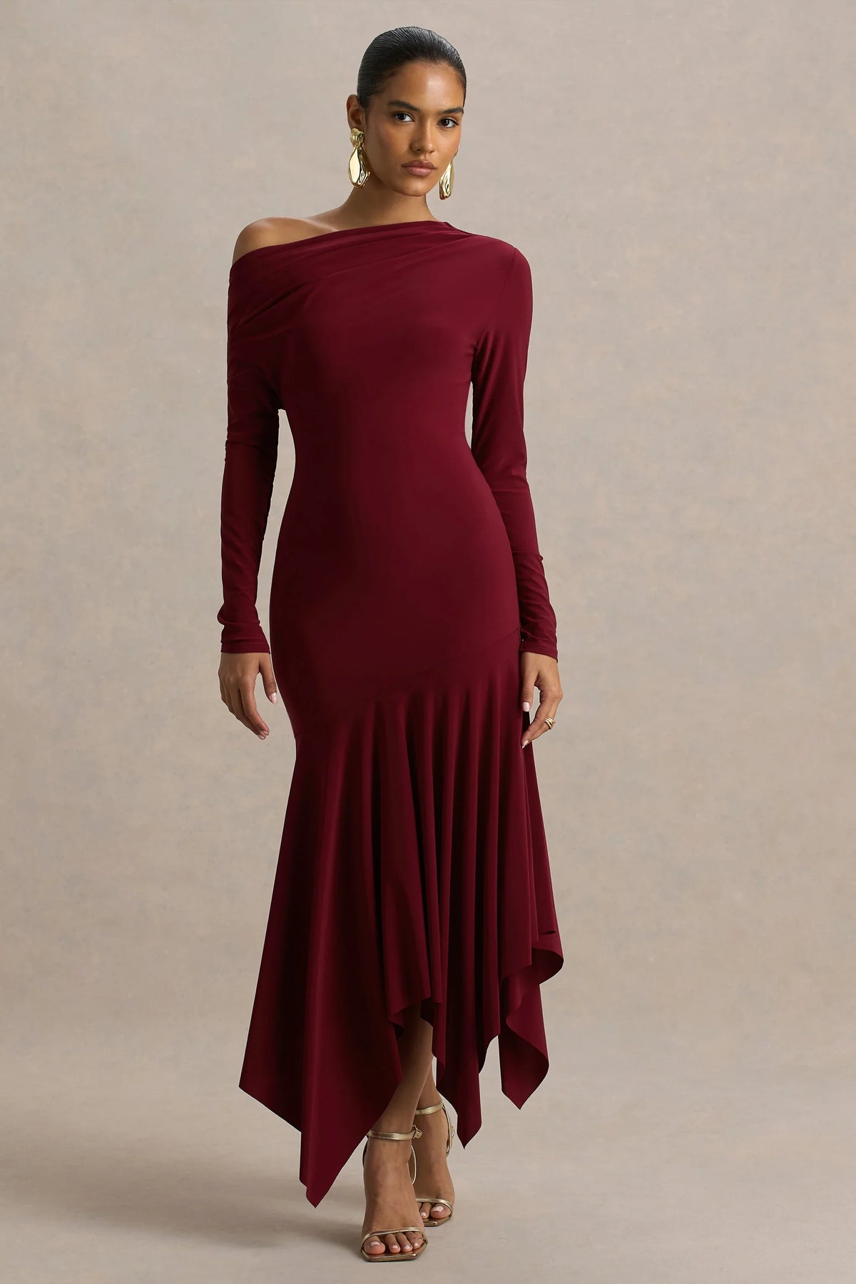 Isola | Burgundy Asymmetric-Neck Midi Dress With Drop-Waist