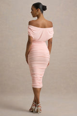 Rayleigh | Pink Bardot Ruched Midi Dress