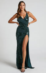 Out Till Dawn Maxi Dress Thigh Split Dress in Emerald Sequin