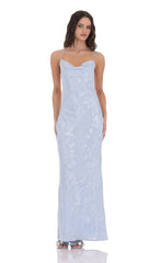 Floral Jacqaurd Cowl Neck Maxi Dress in Light Blue