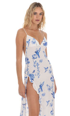 Floral Ruffle Slit Maxi Dress in White