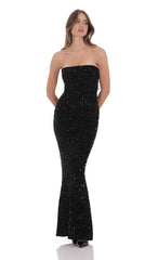 Velvet Sequin Strapless Maxi Dress in Black