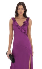 Satin V-Neck Open Back Maxi Dress in Purple