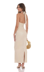 Crinkle Shimmer V-Neck Maxi Dress in Champagne