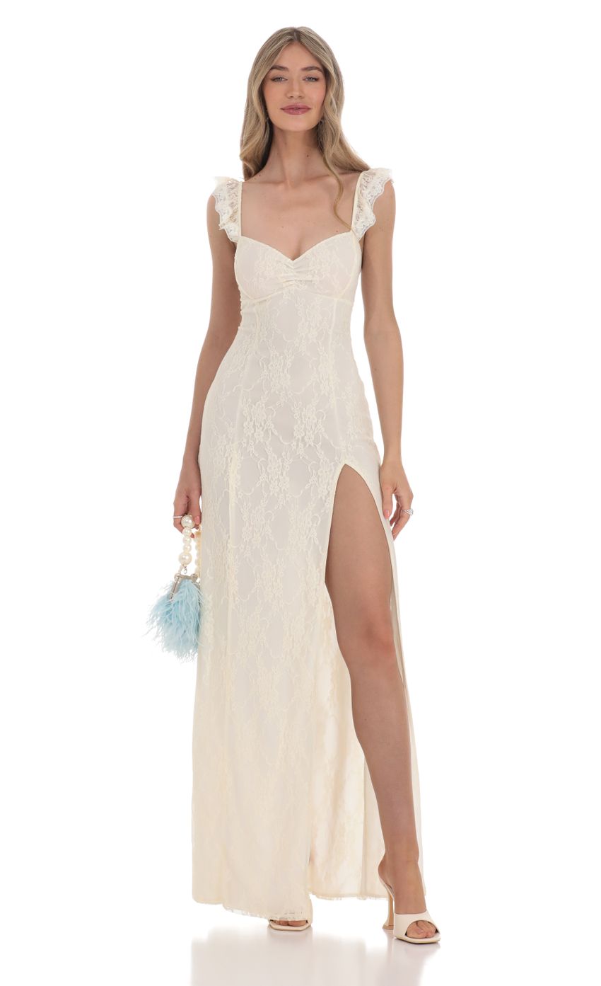 Lace Ruffle Sleeve Maxi Dress in Cream