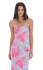 Floral Open Back Maxi Dress in Blue and Pink