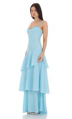 Long Ruffle Maxi Dress in Light Blue