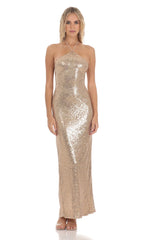 Sequin Halter Maxi Dress in Gold