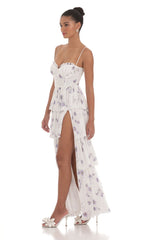 Floral Mesh Ruffle Maxi Dress in White