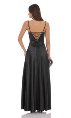 Satin Square Neck Maxi Dress in Black