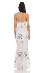 Floral Back Bow Strapless Maxi Dress in White