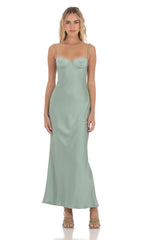 Satin Sweetheart Neck Maxi Dress in Sage Green