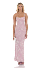 Velvet Floral Cowl Neck Maxi Dress in Lilac